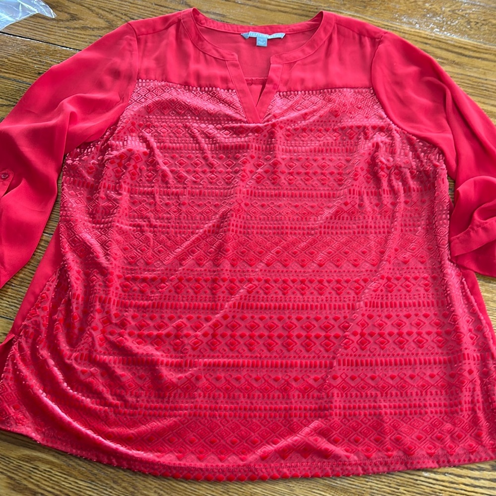Valerie Stevens red blouse with velvet detail on front. Size XL. V-Neck.
